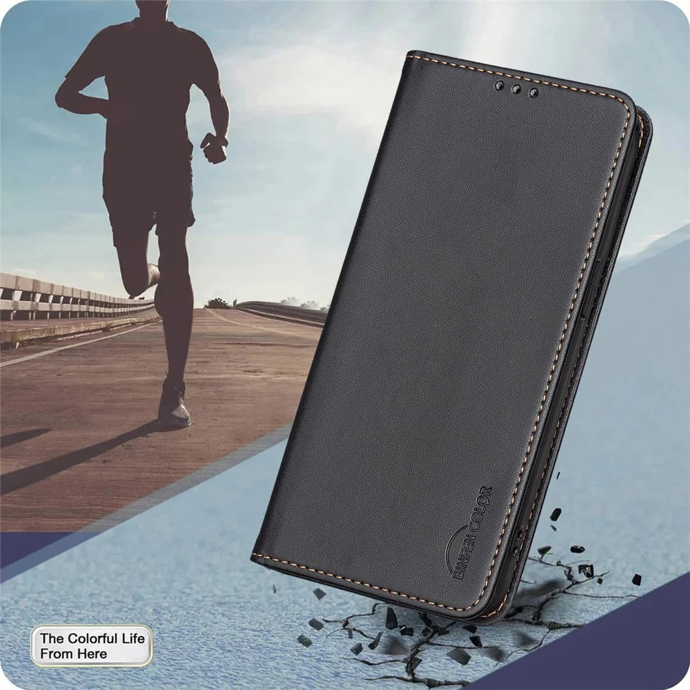BINFEN COLOR BF18 For Samsung Galaxy S25 Edge Leather Case Card Slots Phone Cover - Black - 6