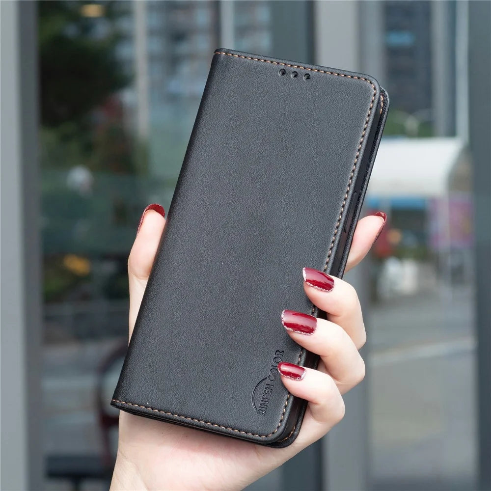 BINFEN COLOR BF18 For Samsung Galaxy S25 Edge Leather Case Card Slots Phone Cover - Black - 7