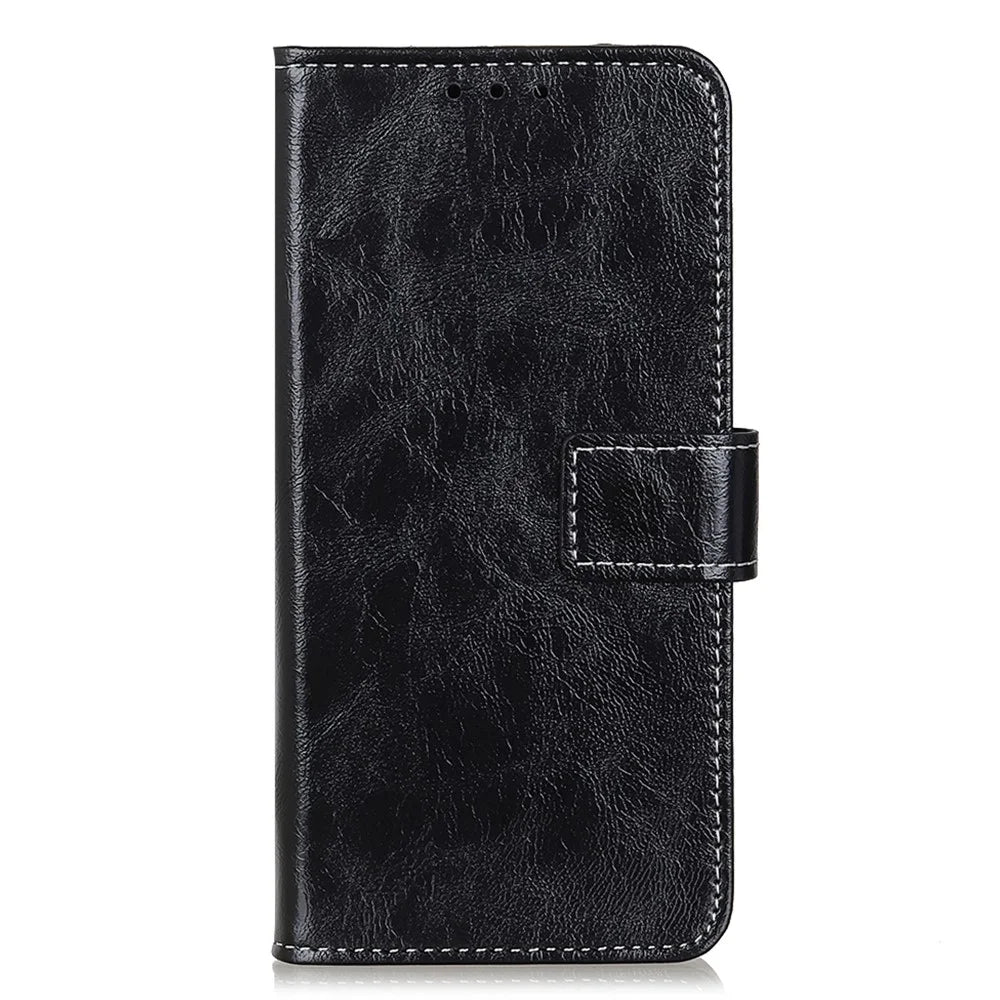 For Samsung Galaxy S25 Edge Case Wallet Leather Phone Cover Crazy Horse Texture - Black - 6