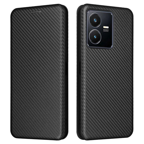 For vivo Y22s 4G / Y35 4G (2022) Magnetic Auto-absorbed Carbon Fiber Texture PU Leather Phone Case Card Slot Design Drop-proof Stand Cover - Black - 1