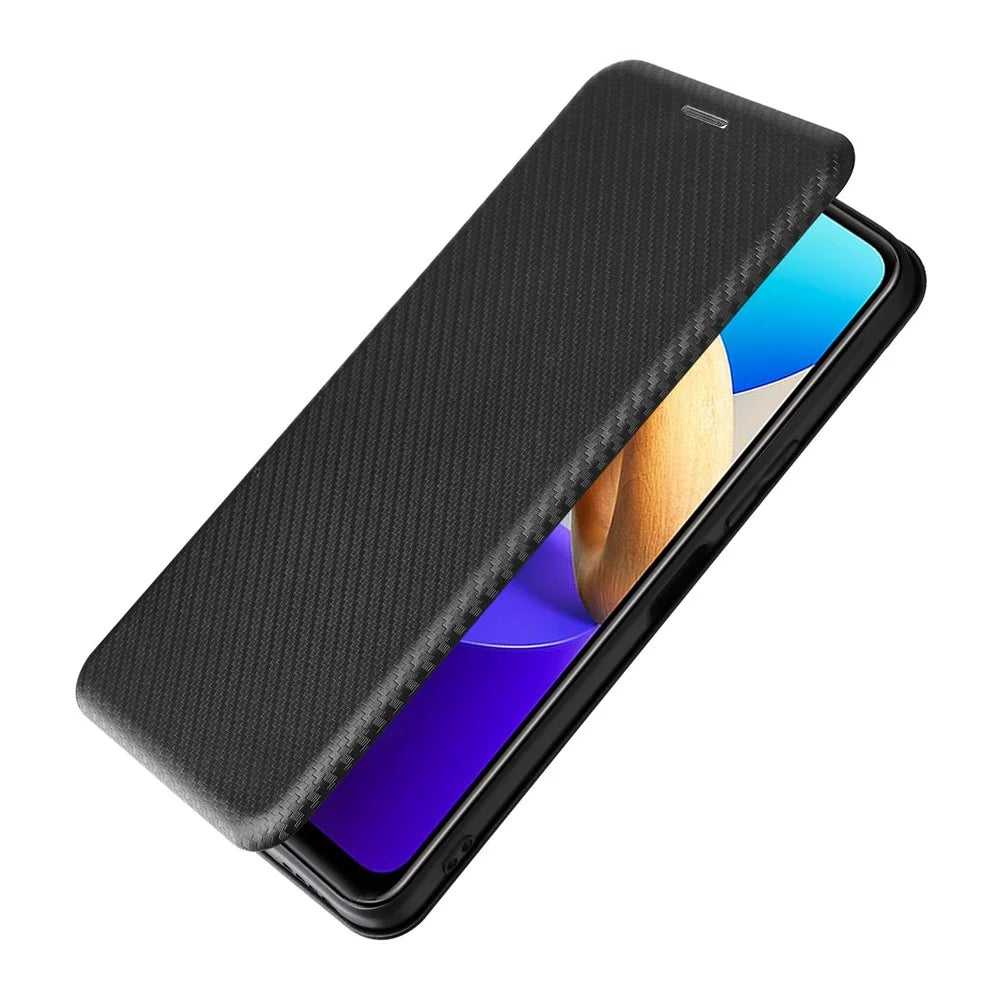 For vivo Y22s 4G / Y35 4G (2022) Magnetic Auto-absorbed Carbon Fiber Texture PU Leather Phone Case Card Slot Design Drop-proof Stand Cover - Black - 4