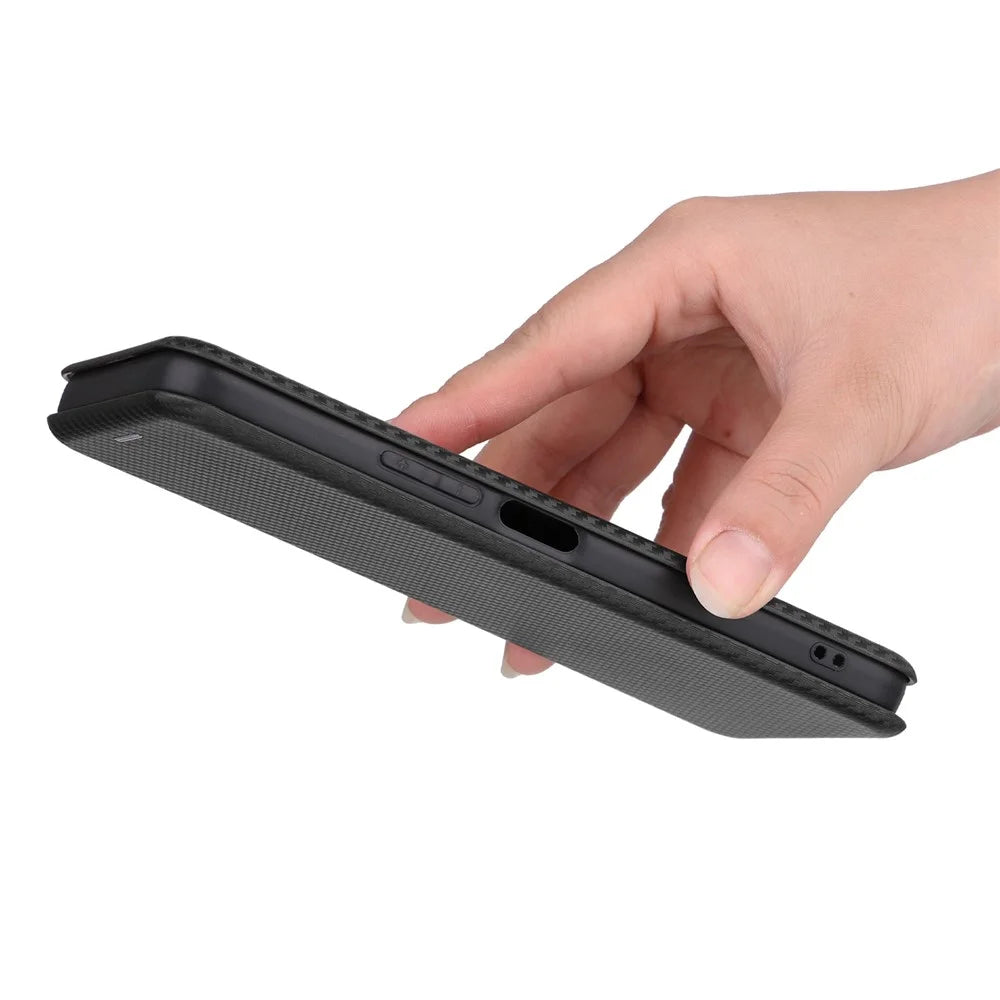 For vivo Y22s 4G / Y35 4G (2022) Magnetic Auto-absorbed Carbon Fiber Texture PU Leather Phone Case Card Slot Design Drop-proof Stand Cover - Black - 6