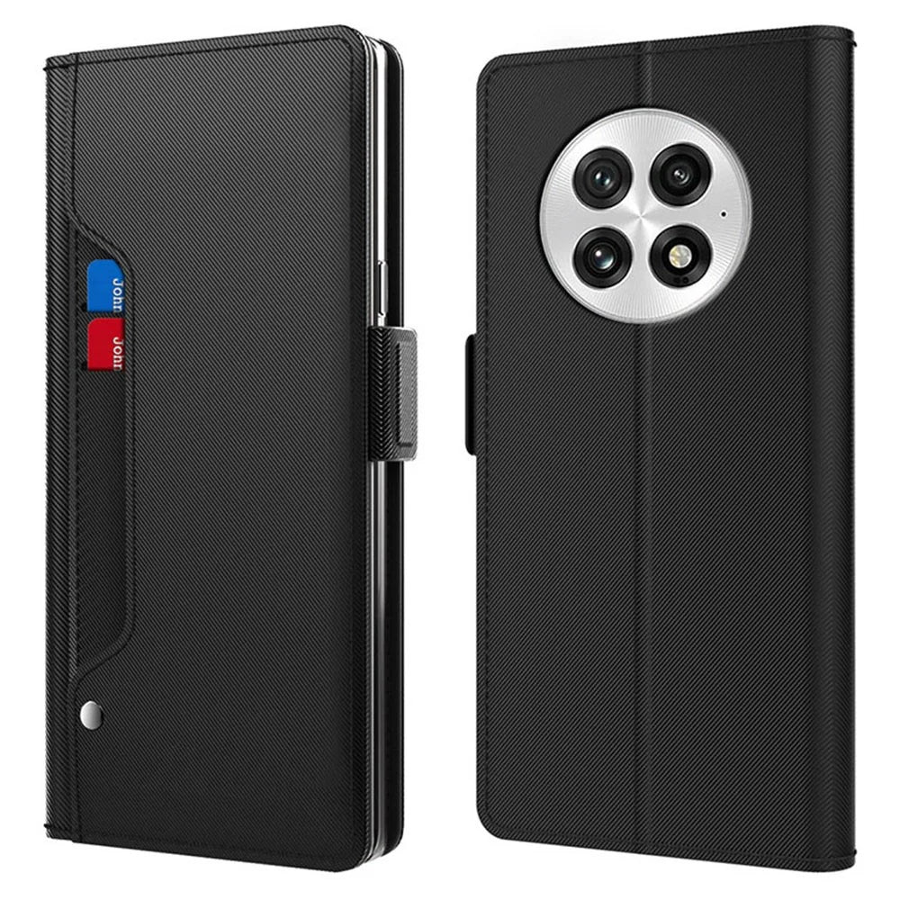 For OnePlus 13 Case Stand PU Leather Phone Cover Card Holder Mirror - Black - 1