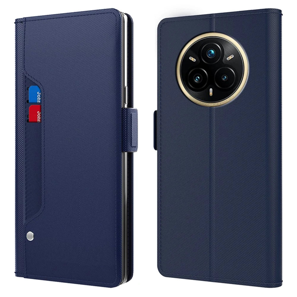 For Realme 14 Pro+ 5G Case Stand PU Leather Phone Cover Card Holder Mirror - Blue - 1