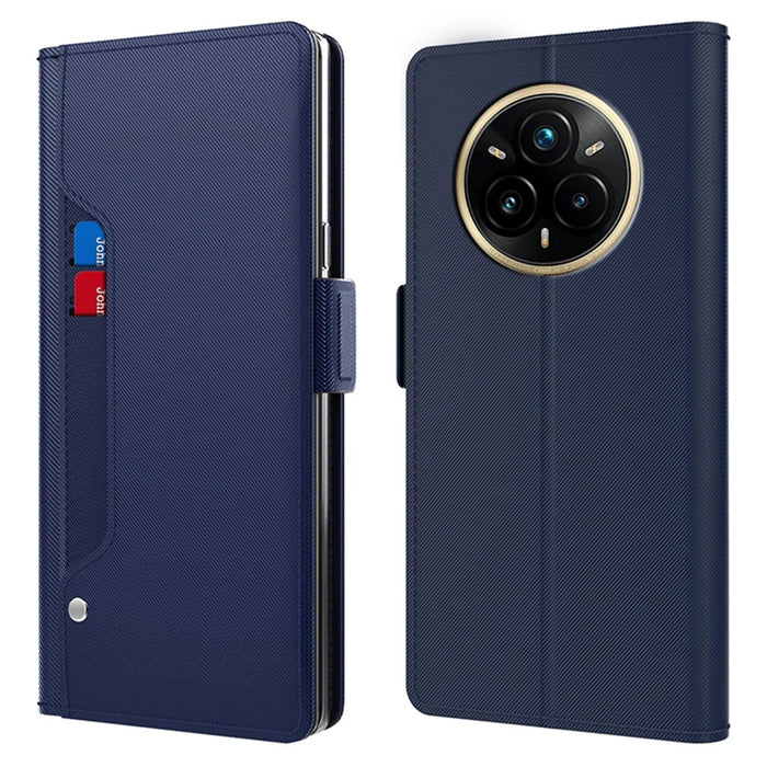 For Realme 14 Pro+ 5G Case Stand PU Leather Phone Cover Card Holder Mirror - Blue - 1