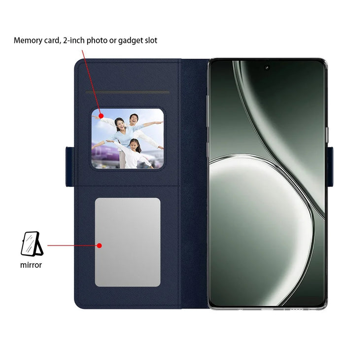 For Realme 14 Pro+ 5G Case Stand PU Leather Phone Cover Card Holder Mirror - Blue - 2