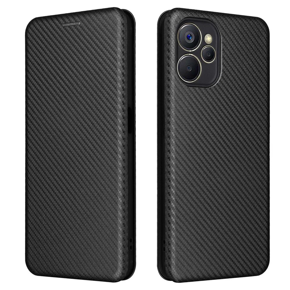 For Realme 9i 5G / 10 5G Carbon Fiber Texture PU Leather Phone Stand Case Card Slot Design Auto-absorbed Magnetic Protective Cover - Black - 1