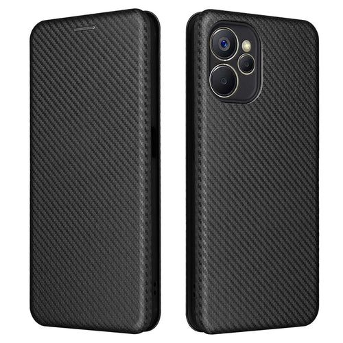 For Realme 9i 5G / 10 5G Carbon Fiber Texture PU Leather Phone Stand Case Card Slot Design Auto-absorbed Magnetic Protective Cover - Black - 1