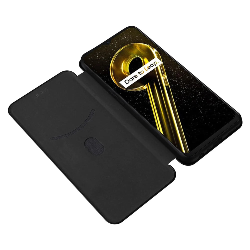 For Realme 9i 5G / 10 5G Carbon Fiber Texture PU Leather Phone Stand Case Card Slot Design Auto-absorbed Magnetic Protective Cover - Black - 2