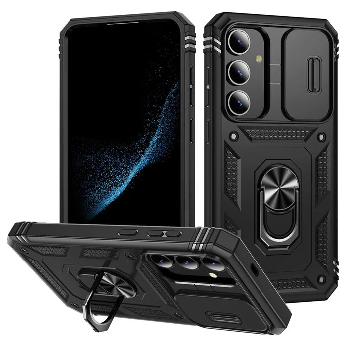 For Samsung Galaxy S25 Case TPU+PC Slide Camshield Kickstand Phone Cover - Black - 1