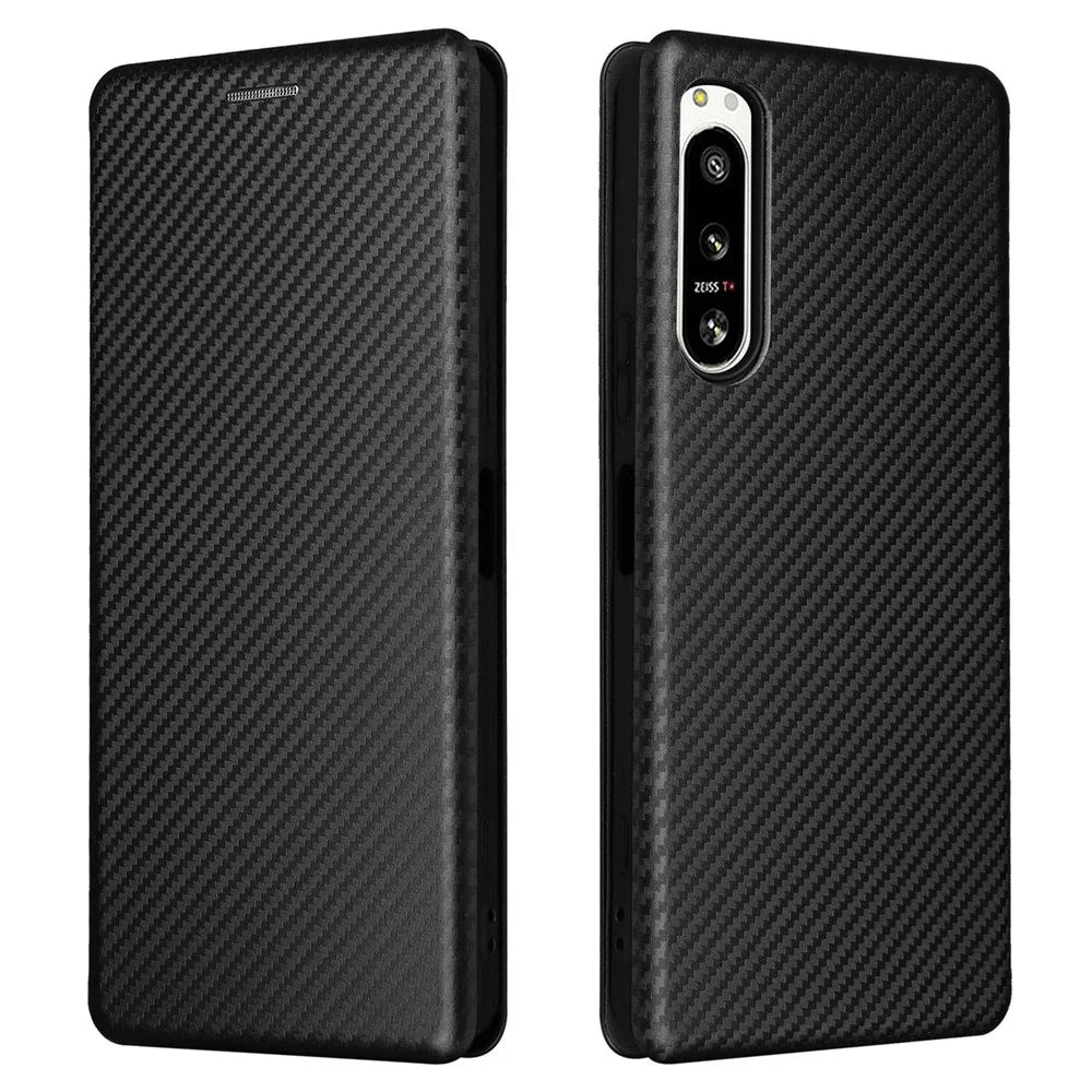 For Sony Xperia 5 IV 5G Carbon Fiber Texture Phone Case PU Leather Magnetic Auto-absorbed Stand Card Slot Phone Shell - Black - 1