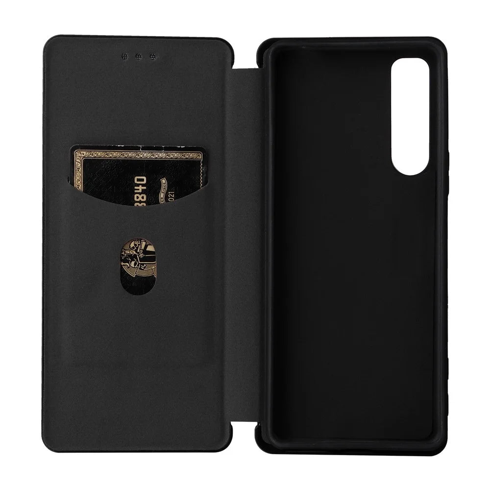For Sony Xperia 5 IV 5G Carbon Fiber Texture Phone Case PU Leather Magnetic Auto-absorbed Stand Card Slot Phone Shell - Black - 5