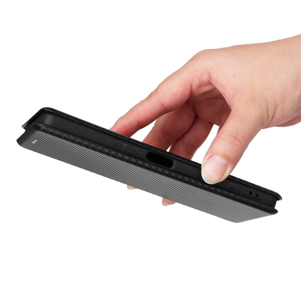 For Sony Xperia 5 IV 5G Carbon Fiber Texture Phone Case PU Leather Magnetic Auto-absorbed Stand Card Slot Phone Shell - Black - 6