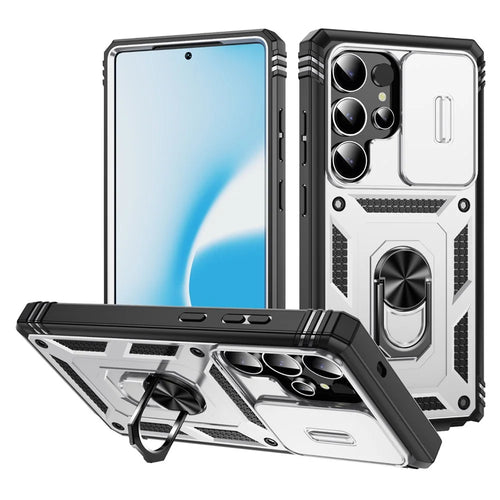 For Samsung Galaxy S25 Ultra Case TPU+PC Slide Camshield Kickstand Phone Cover - White - 1