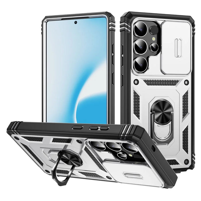 For Samsung Galaxy S25 Ultra Case TPU+PC Slide Camshield Kickstand Phone Cover - White - 1