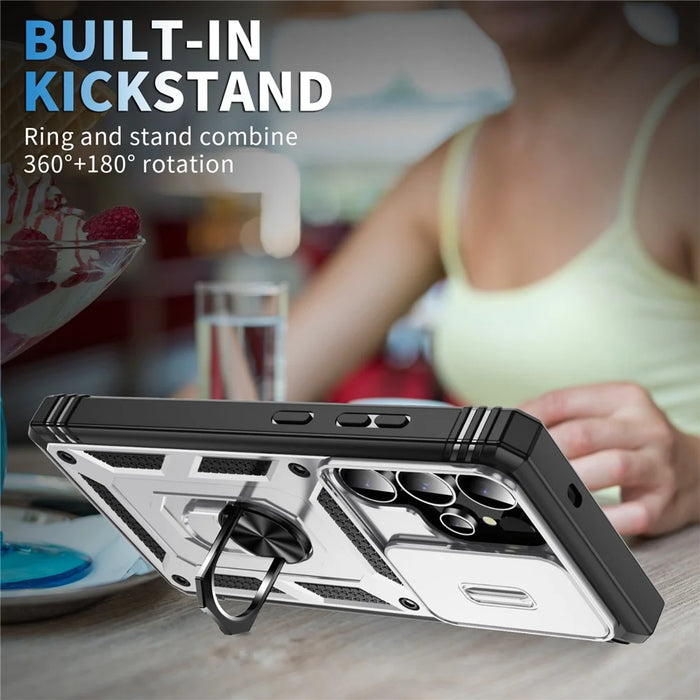 For Samsung Galaxy S25 Ultra Case TPU+PC Slide Camshield Kickstand Phone Cover - White - 6