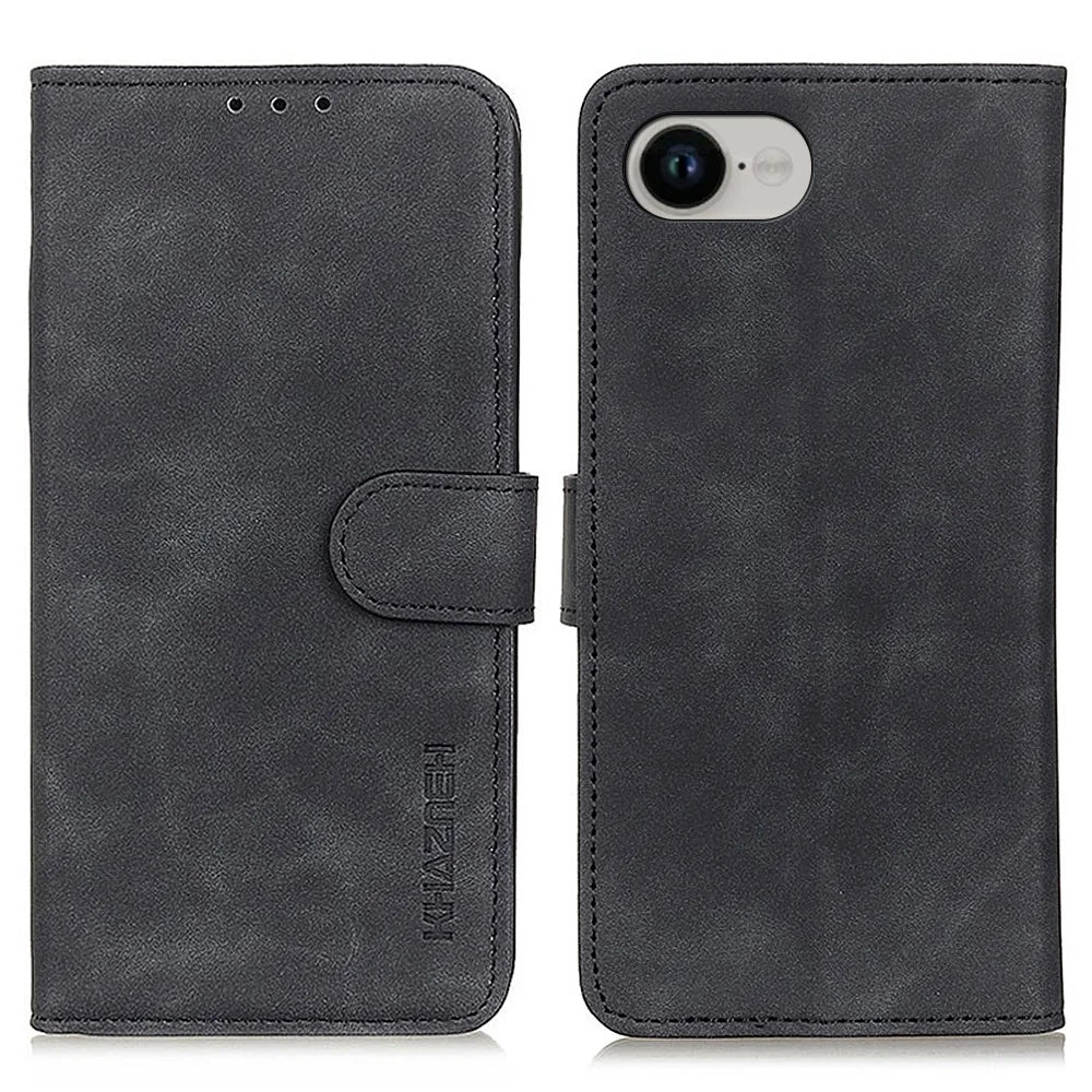 KHAZNEH For iPhone 17e / 16e Case PU Leather Retro Texture Phone Cover - Black - 1