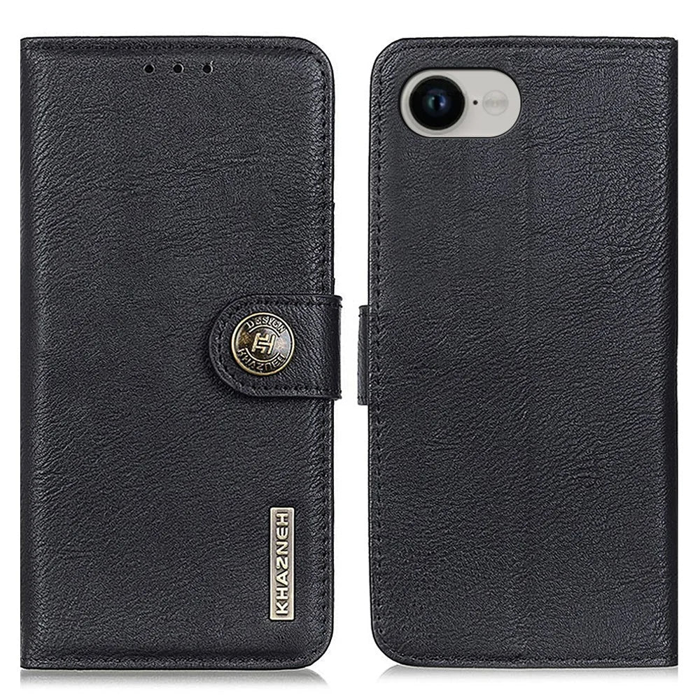 KHAZNEH For iPhone 17e / 16e Wallet Case Cowhide Texture Leather Flip Phone Cover - Black - 1