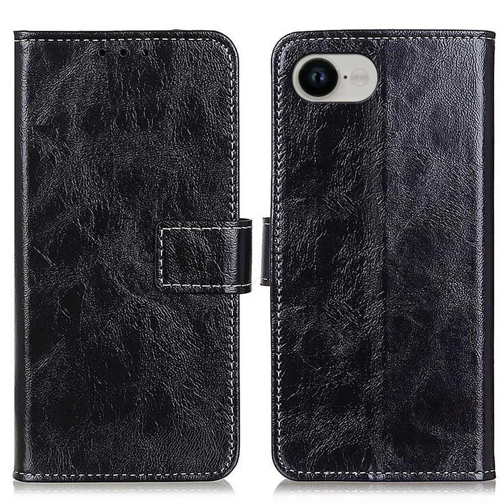 For iPhone 17e / 16e Case Wallet Leather Phone Cover Crazy Horse Texture - Black - 1