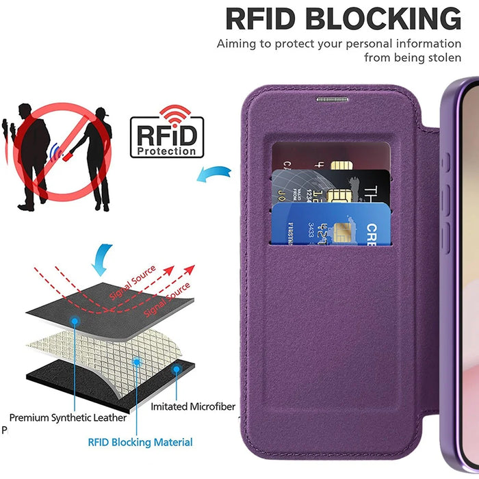 For iPhone 17e / 16e Case Compatible with MagSafe RFID Blocking Leather Phone Cover - Dark Purple - 4