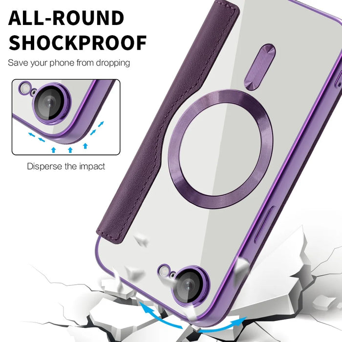 For iPhone 17e / 16e Case Compatible with MagSafe RFID Blocking Leather Phone Cover - Dark Purple - 5
