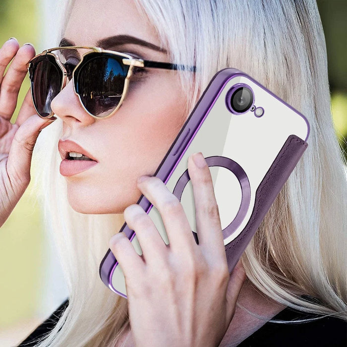For iPhone 17e / 16e Case Compatible with MagSafe RFID Blocking Leather Phone Cover - Dark Purple - 6