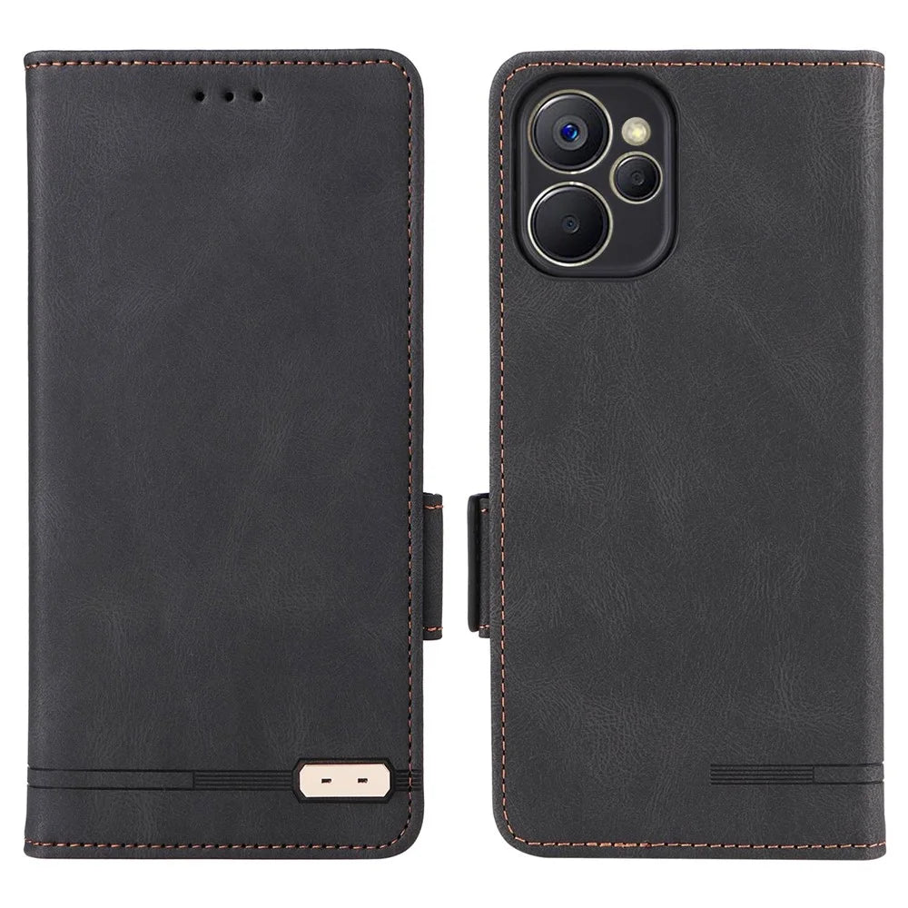 Hardware Decor Phone Case for Realme 9i 5G / 10 5G, Dual Magnetic Clasp PU Leather Wallet Stand Drop-proof Cell Phone Cover - Black - 1