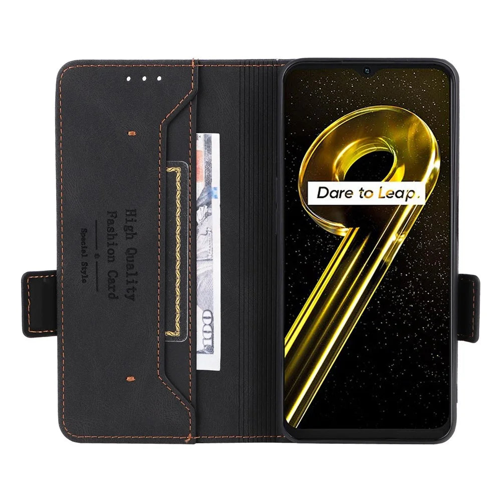 Hardware Decor Phone Case for Realme 9i 5G / 10 5G, Dual Magnetic Clasp PU Leather Wallet Stand Drop-proof Cell Phone Cover - Black - 2