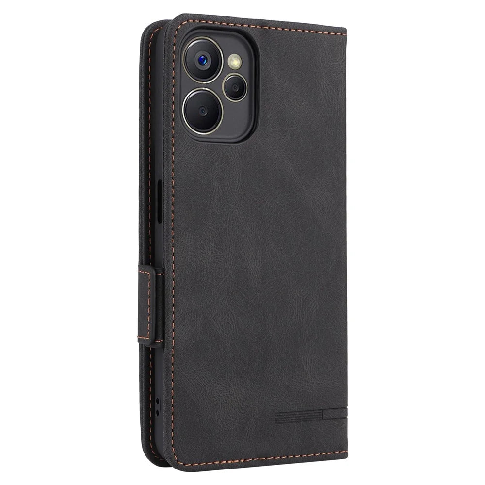 Hardware Decor Phone Case for Realme 9i 5G / 10 5G, Dual Magnetic Clasp PU Leather Wallet Stand Drop-proof Cell Phone Cover - Black - 7