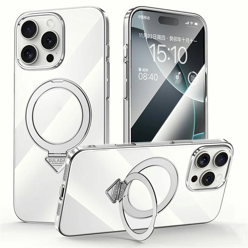 SULADA For iPhone 16 Pro Max Case Compatible with MagSafe Kickstand Clear PC Phone Cover - Titanium Silver - 1