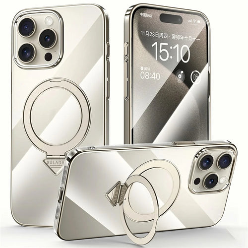 SULADA For iPhone 15 Pro Case Compatible with MagSafe Kickstand Clear PC Phone Cover - Titanium Grey - 1