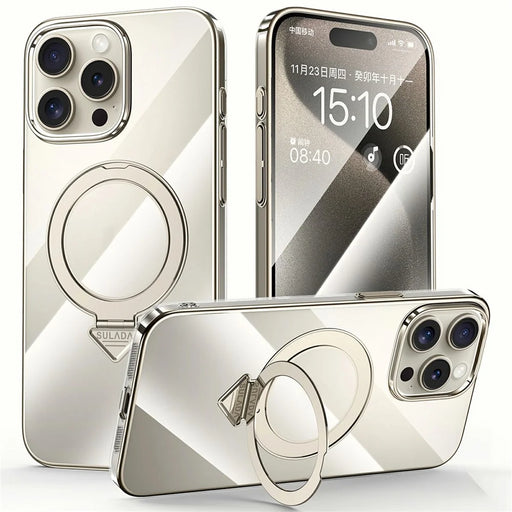 SULADA For iPhone 15 Pro Case Compatible with MagSafe Kickstand Clear PC Phone Cover - Titanium Grey - 1