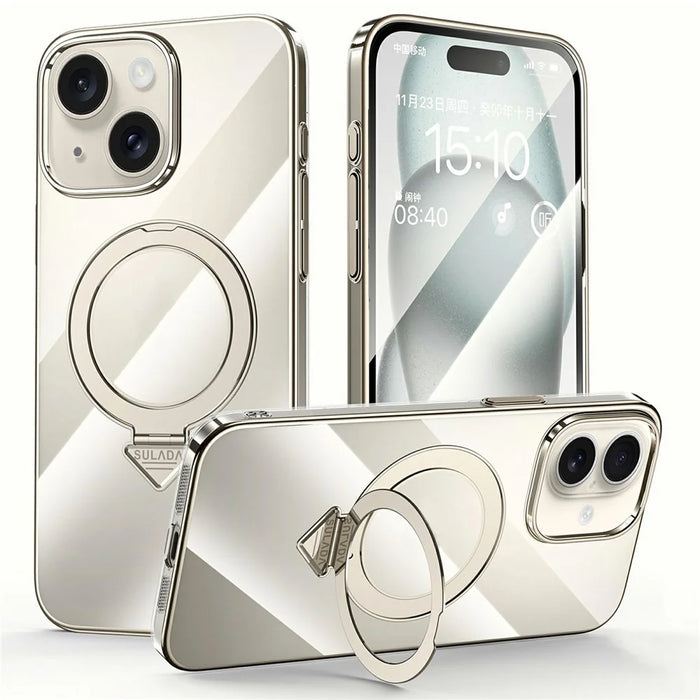 SULADA For iPhone 15 Case Compatible with MagSafe Electroplated Foldable Kickstand Clear PC Phone Cover - Titanium Grey - 1