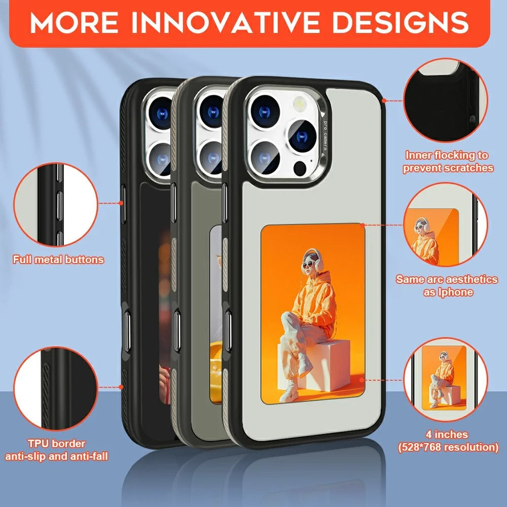 For iPhone 16 Pro Max E-Ink Case 4 inch HD 4 Colors Phone Cover Supports NFC Transfer DIY Pictures - White - 6