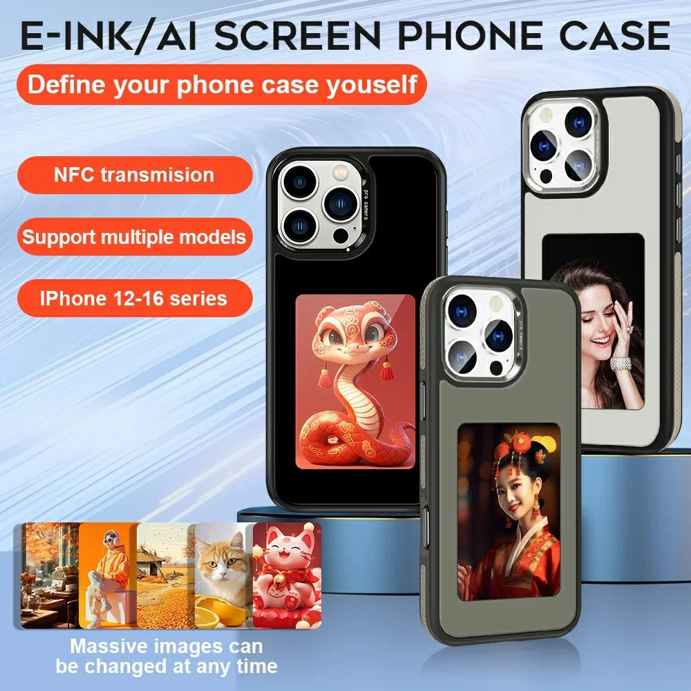 For iPhone 15 Pro E-Ink Case 4 inch HD 4 Colors Phone Cover Supports NFC Transfer DIY Pictures - Black - 2