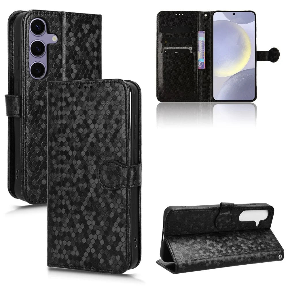 For Samsung Galaxy S25 Wallet Case Dot Pattern Imprint PU Leather Phone Cover - Black - 7