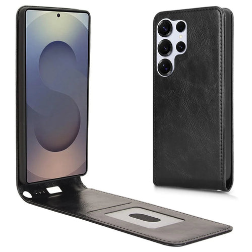 For Samsung Galaxy S25 Ultra Case with Card Slot Magnetic Vertical Flip Leather Phone Cover - Black - 1
