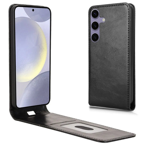 For Samsung Galaxy S25 Case with Card Slot Magnetic Vertical Flip Leather Phone Cover - Black - 1