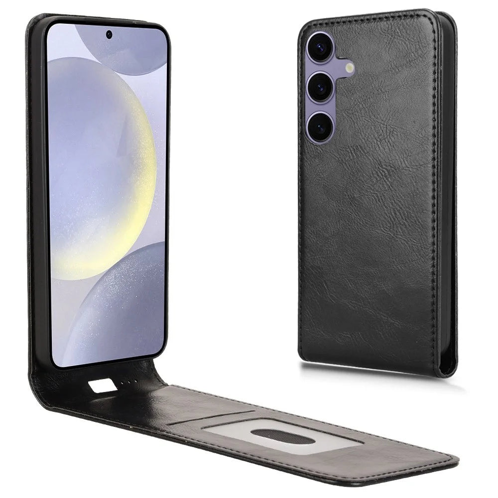 For Samsung Galaxy S25+ Case with Card Slot Magnetic Vertical Flip Leather Phone Cover - Black - 1