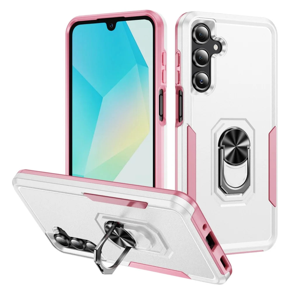 For Samsung Galaxy A18 5G / A18 4G / A17 5G / A26 5G Case Military Grade Ring Kickstand PC + TPU Phone Cover - White + Pink - 1