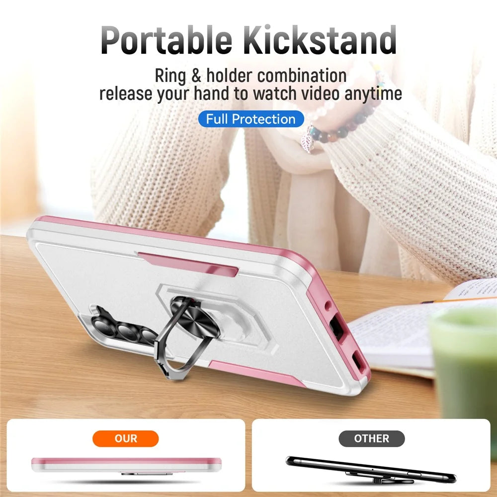 For Samsung Galaxy A18 5G / A18 4G / A17 5G / A26 5G Case Military Grade Ring Kickstand PC + TPU Phone Cover - White + Pink - 5