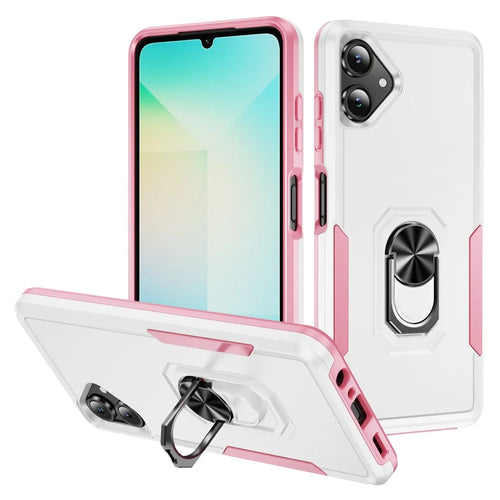 For Samsung Galaxy A06 5G Case Military Grade Ring Kickstand PC + TPU Phone Cover - White + Pink - 1