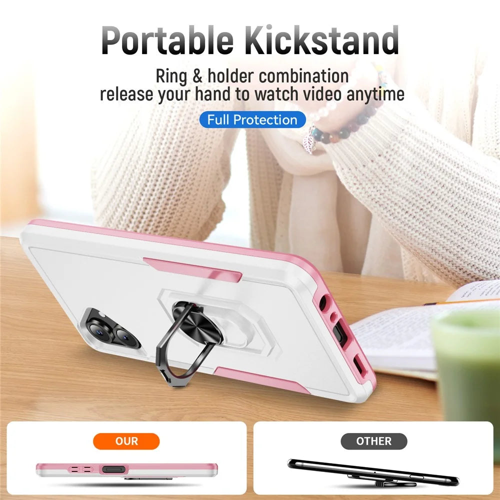 For Samsung Galaxy A06 5G Case Military Grade Ring Kickstand PC + TPU Phone Cover - White + Pink - 5