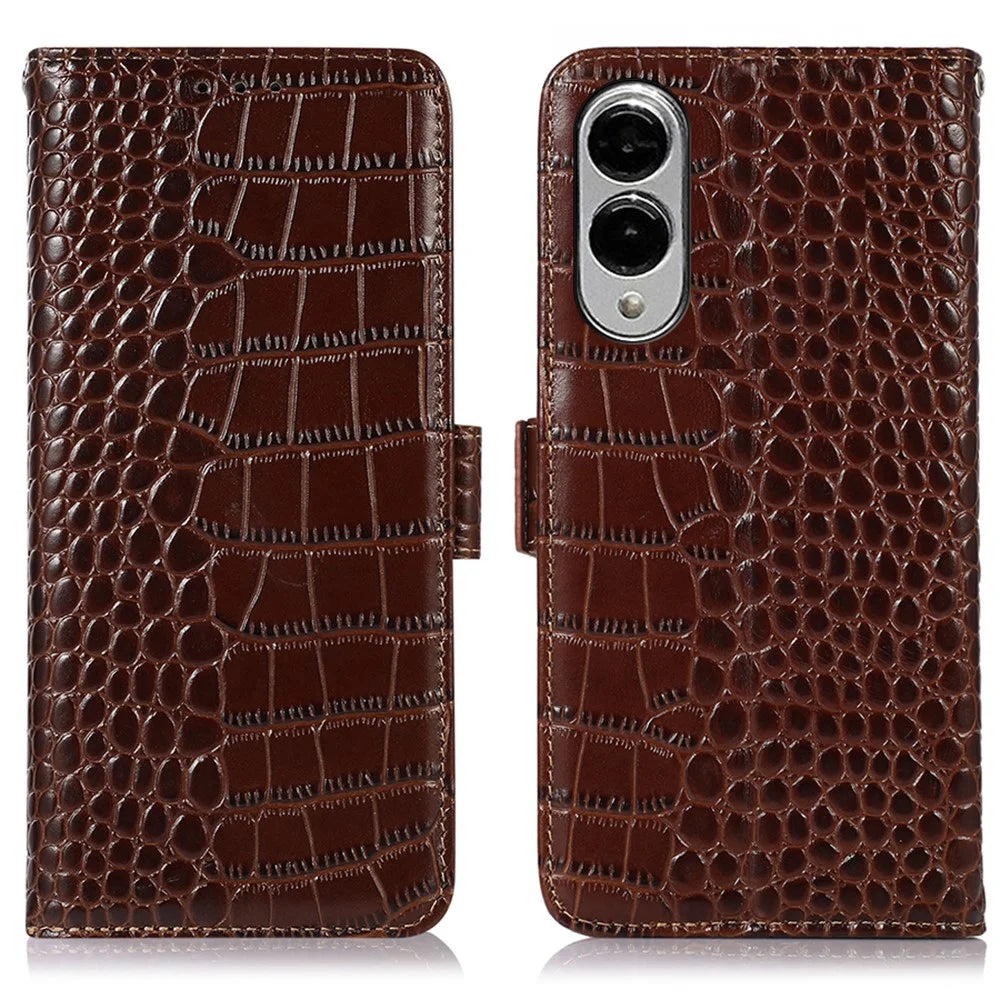 For Samsung Galaxy S25 Edge Case Wallet Crocodile Texture Genuine Cow Leather Phone Cover - Brown - 1