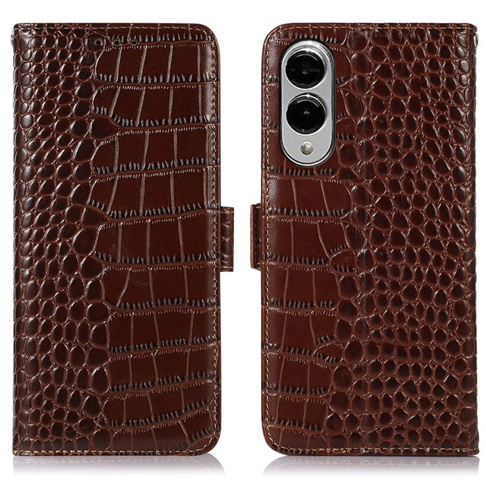 For Samsung Galaxy S25 Edge Case Wallet Crocodile Texture Genuine Cow Leather Phone Cover - Brown - 1
