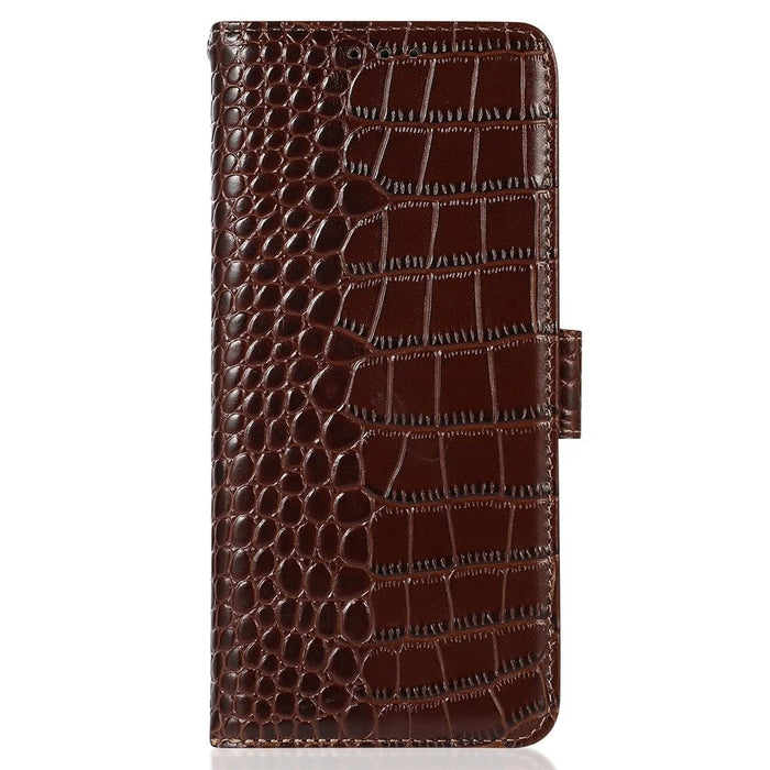 For Samsung Galaxy S25 Edge Case Wallet Crocodile Texture Genuine Cow Leather Phone Cover - Brown - 7