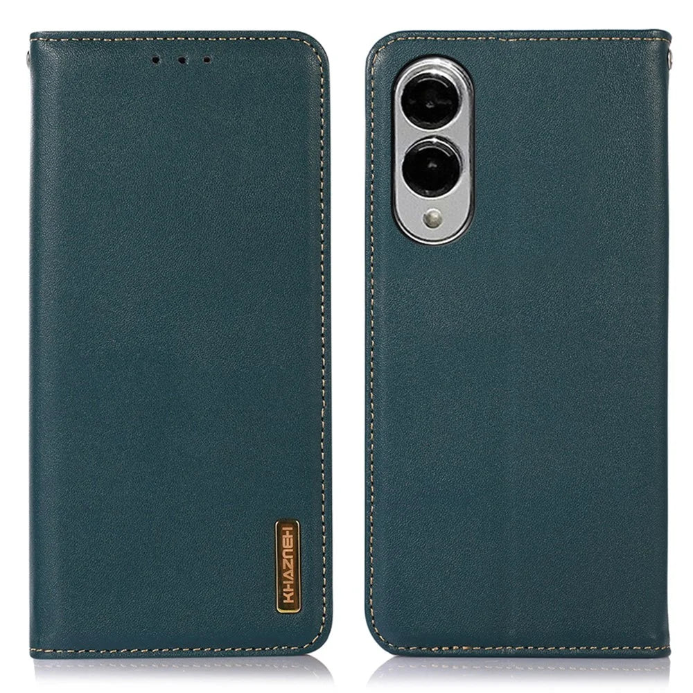 KHAZNEH For Samsung Galaxy S25 Edge Case Wallet Genuine Cow Leather Phone Cover Nappa Texture - Green - 1