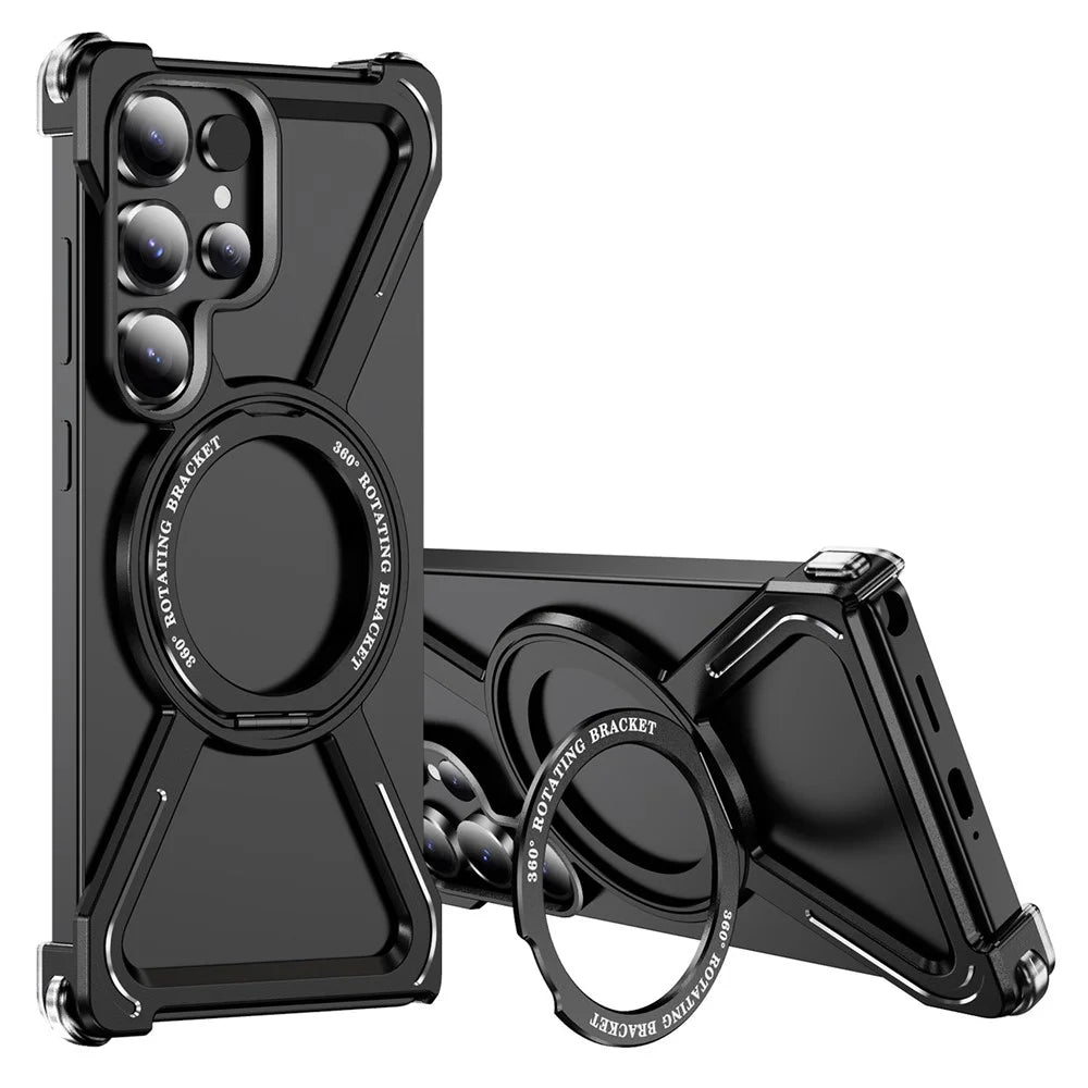 For Samsung Galaxy S25 Ultra Magnetic Case Military Grade Anti Drop 360° Rotating Kickstand Titanium Alloy Bumper Phone Cover - Black - 1