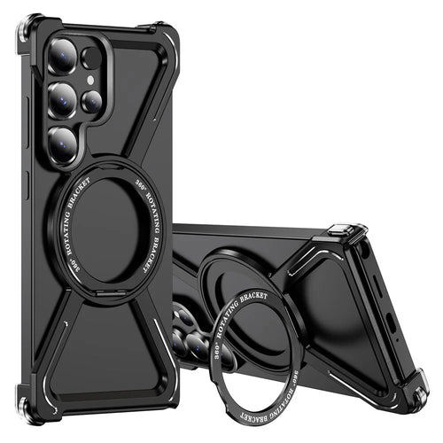 For Samsung Galaxy S25 Ultra Magnetic Case Military Grade Anti Drop 360° Rotating Kickstand Titanium Alloy Bumper Phone Cover - Black - 1