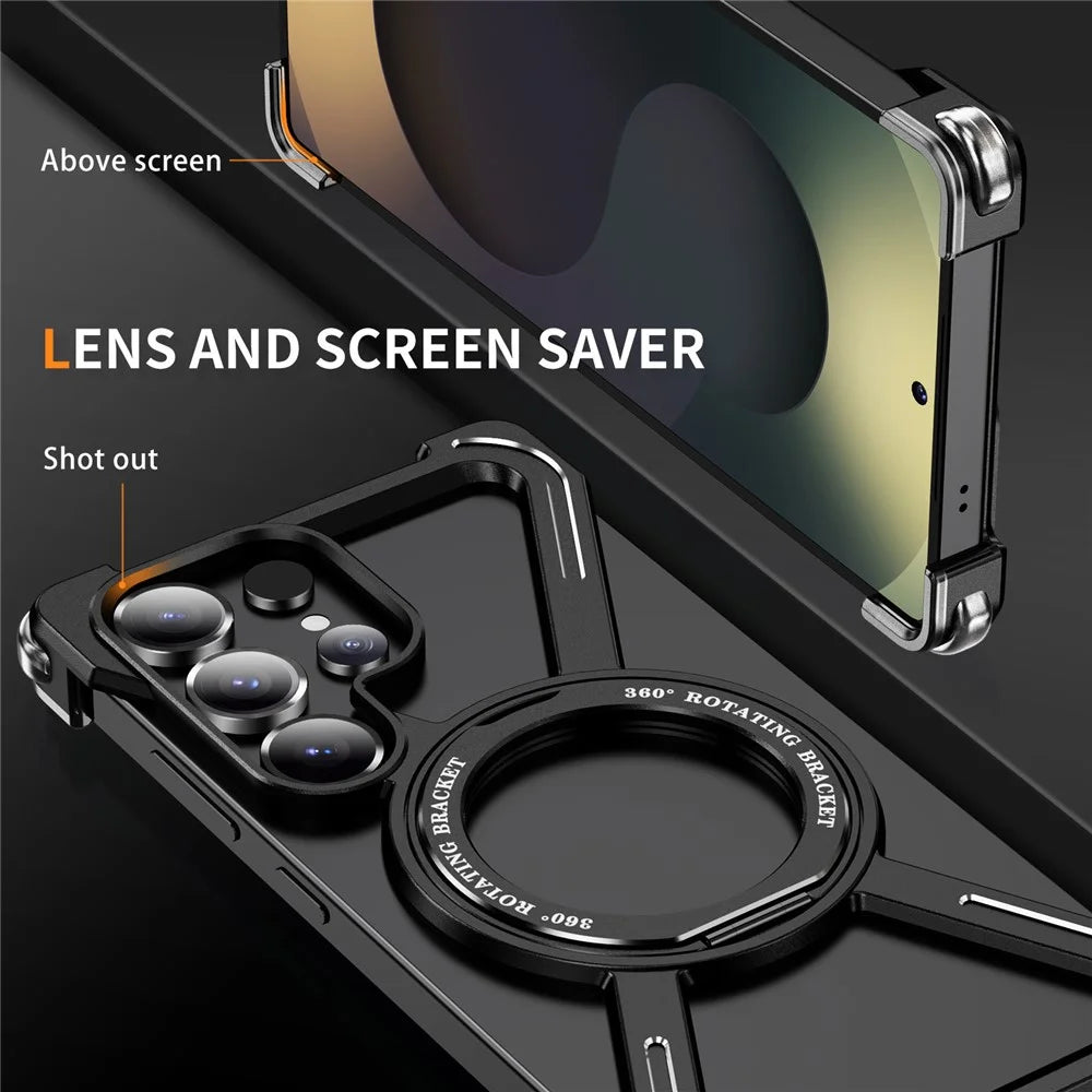 For Samsung Galaxy S25 Ultra Magnetic Case Military Grade Anti Drop 360° Rotating Kickstand Titanium Alloy Bumper Phone Cover - Black - 2